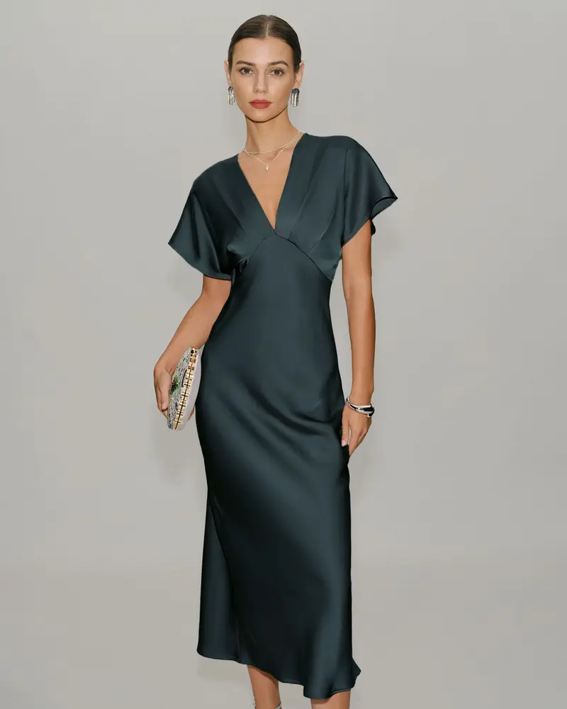 Grey Green Satin Cowl Sleeve Midi Dress