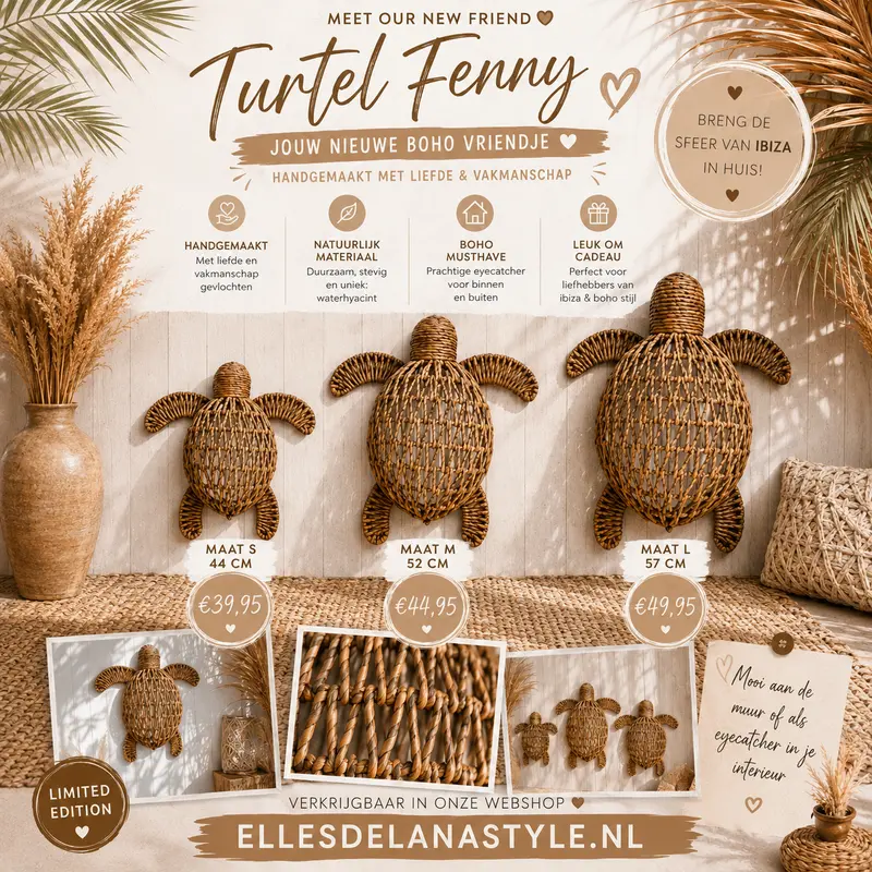 Handgevlochten Schildpad 'Fenny' - Waterhyacint - Boho Decoratie - Bali