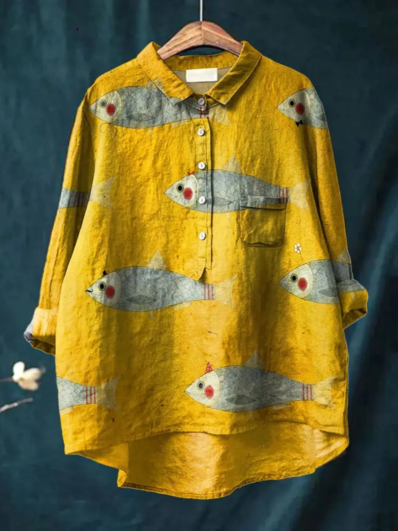 Harper™ | Women's Vintage Fish Art Print Casual Shirt