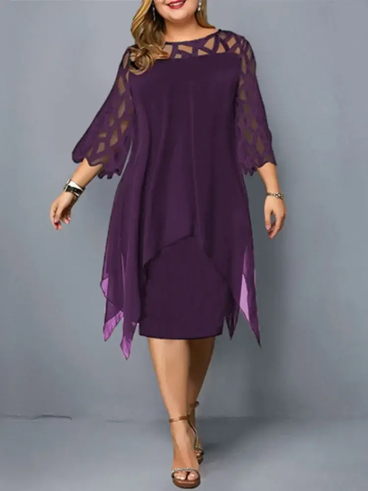 Hattie - Elegancka sukienka plus size z szyfonową warstwą i ażurowymi rękawami