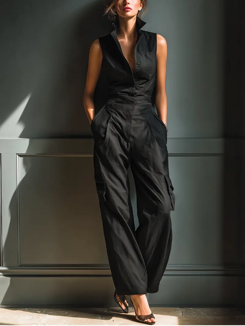 Hazel™ | Black Sleeveless Collared Cargo Jumpsuit