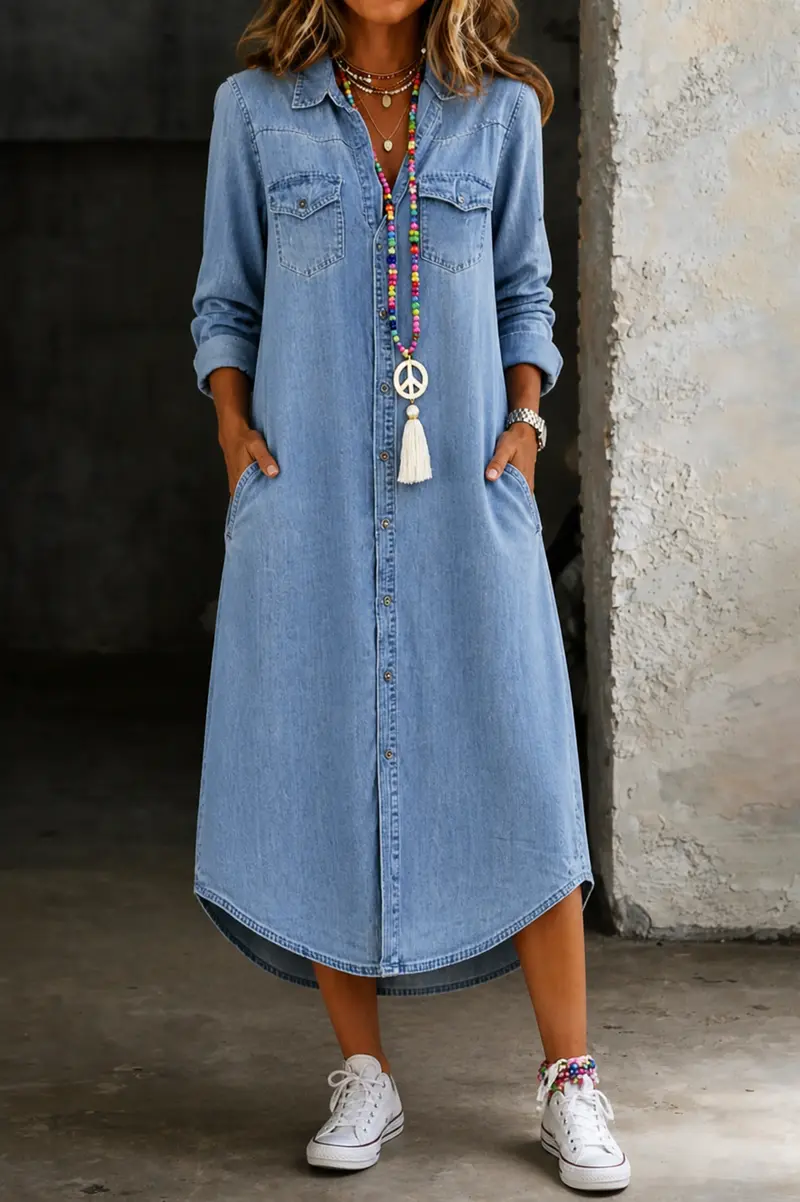 Helen | Lässiges elegantes langes Denim-Hemdkleid