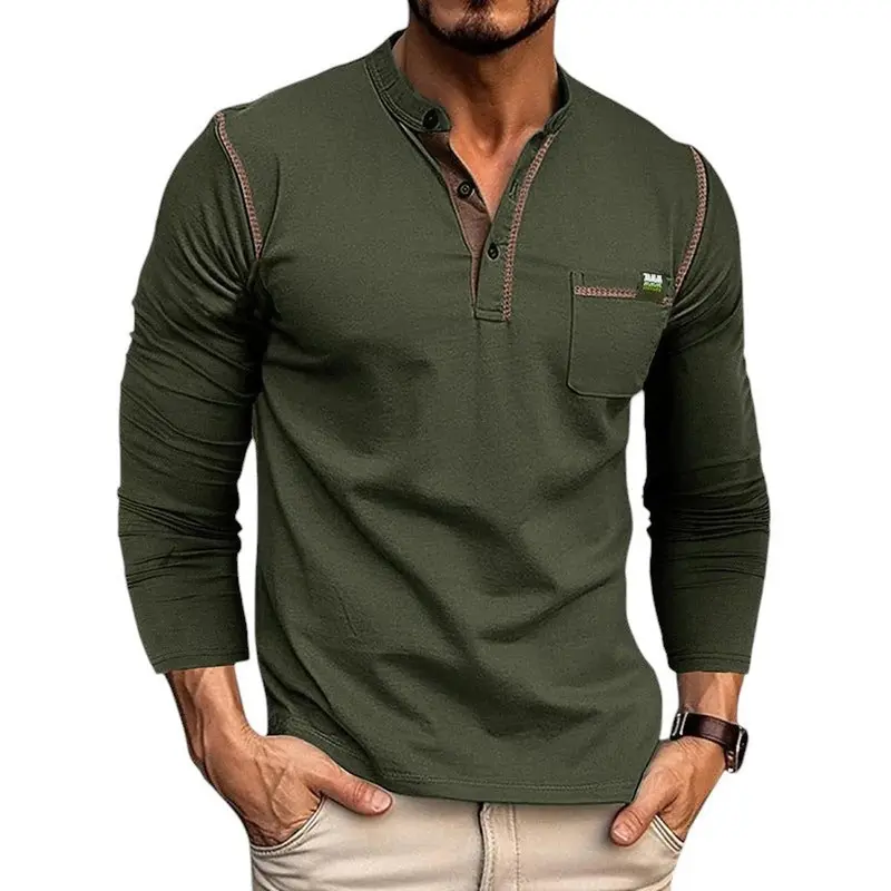 Henley Shirt Men Long Sleeve Buttoned Placket Casual Fit