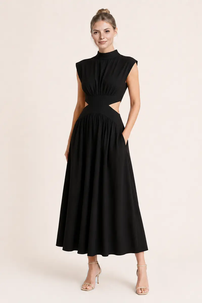 High-Neck Pleated Maxi Dress