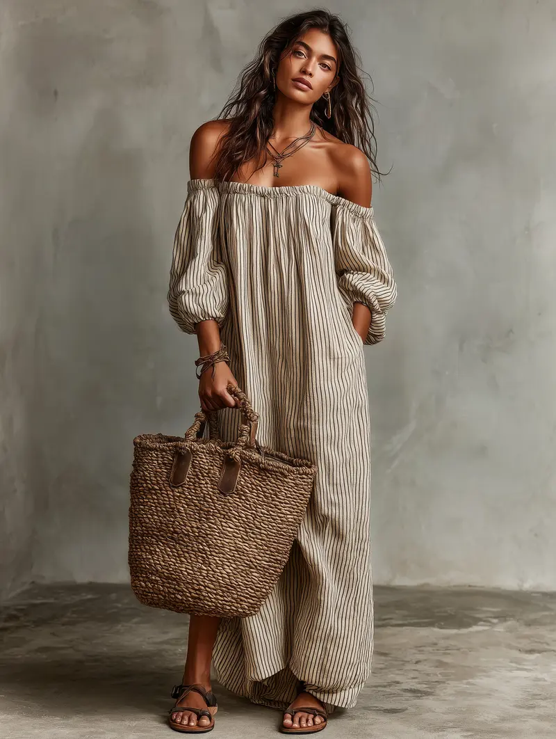 Hine™ | Cotton-Linen Blend Off-Shoulder Maxi Dress