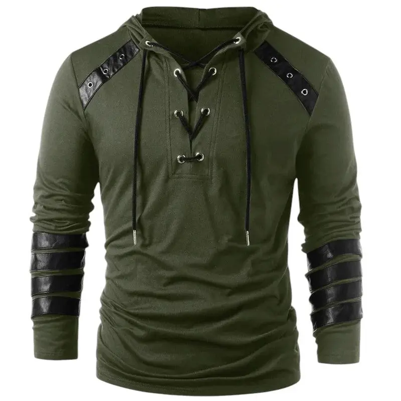 Hoodie Men Lace-Up V-Neck Faux Leather Panels Long Sleeve Casual Wear