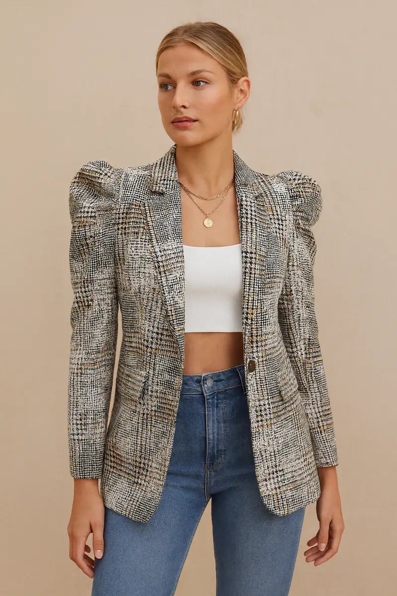 Hunter - Elegancka, stylowa marynarka w kratę z bufiastymi rękawami dla kobiet
