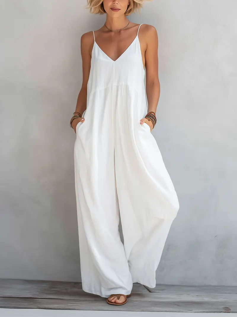 Indie™ | White Cotton-Linen Loose Jumpsuit