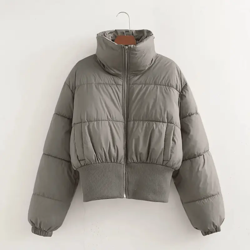 Jacket Women Cropped Puffer Zip Front High Neck Collar