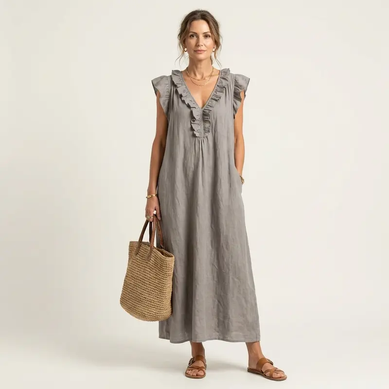 Josette | Ruffle V-Neck Linen Maxi Dress