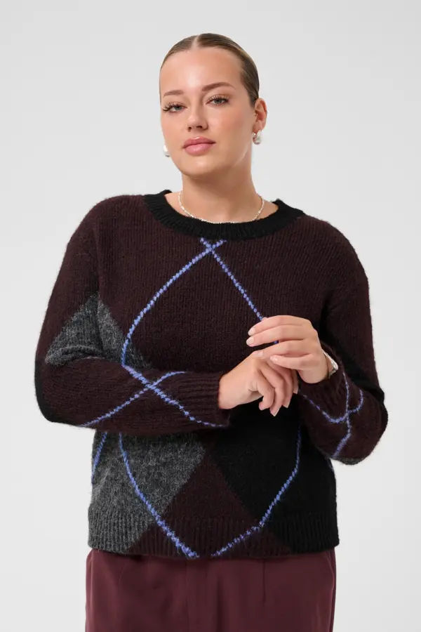Kaffe Curve aubergine trui met zwart blauw KCkit Argyle Pullover met Wol