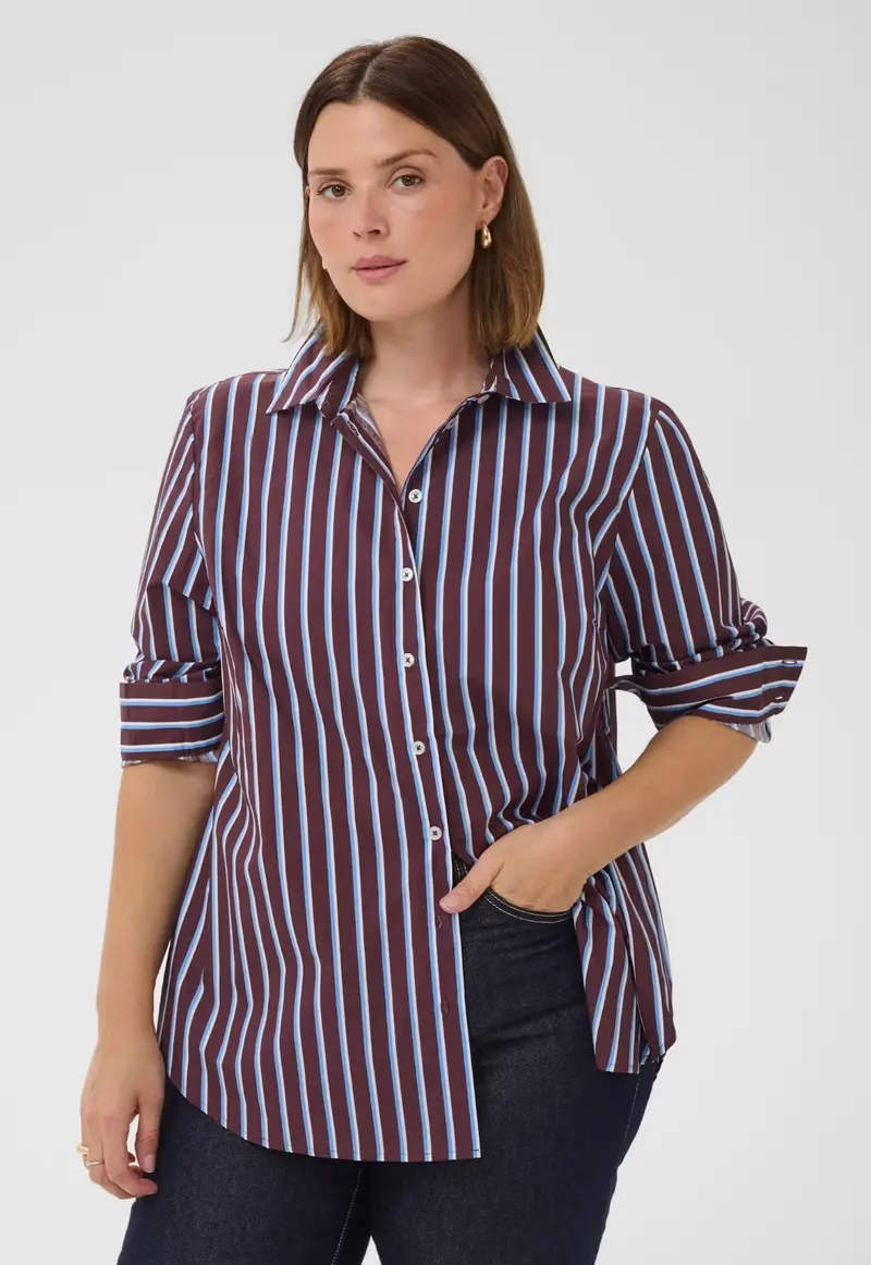 Kaffe Curve blouse bordeaux met blauwe strepen model KCsavina Overhemd fudge