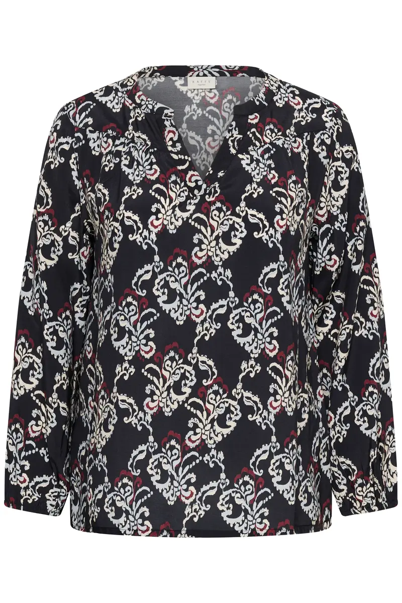 Kaffe Curve blouse zwart met rood en witte print model KChipe Black/Blue/Red Ornamental