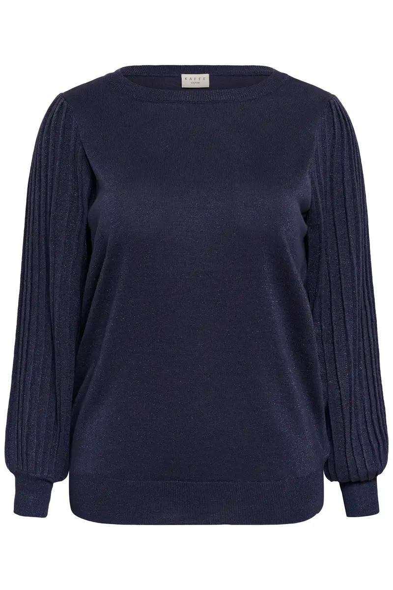 Kaffe Curve trui blauw grijs lurex KCregitta Pleat LS Pullover Graphite Blue
