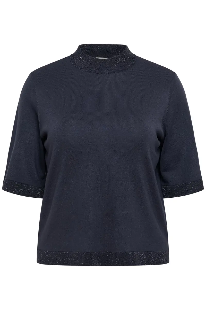 Kaffe Curve trui korte mouw blauw grijs met lurex kraag model KCliama Lurex Pullover Blue Graphite