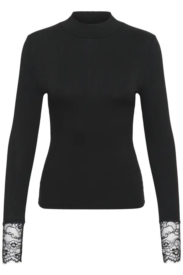 Kaffe longsleeve zwart met kant afgewerkt model KAomi Turtleneck T-Shirt Black Deep