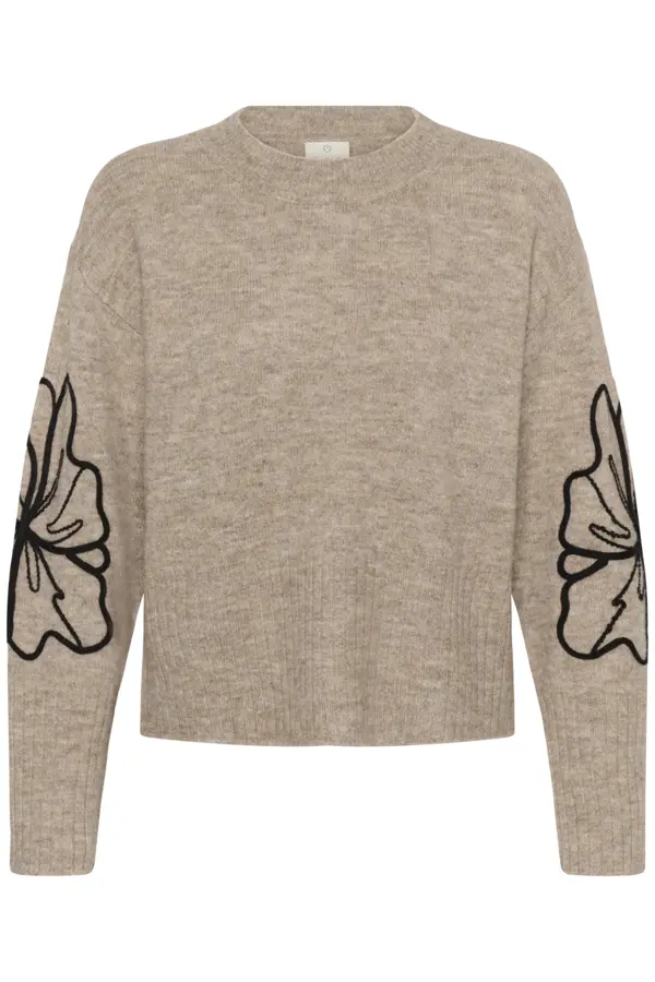 Kaffe trui beige met zwarte bloem model KAerin Pullover Desert taupe black flower embroidery