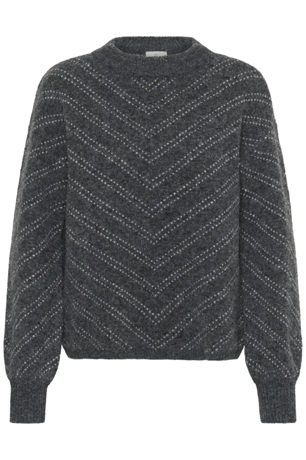 Kaffe trui grijs met print model KAhillery Pullover Dark Grey melange Chalk Stripe Grey