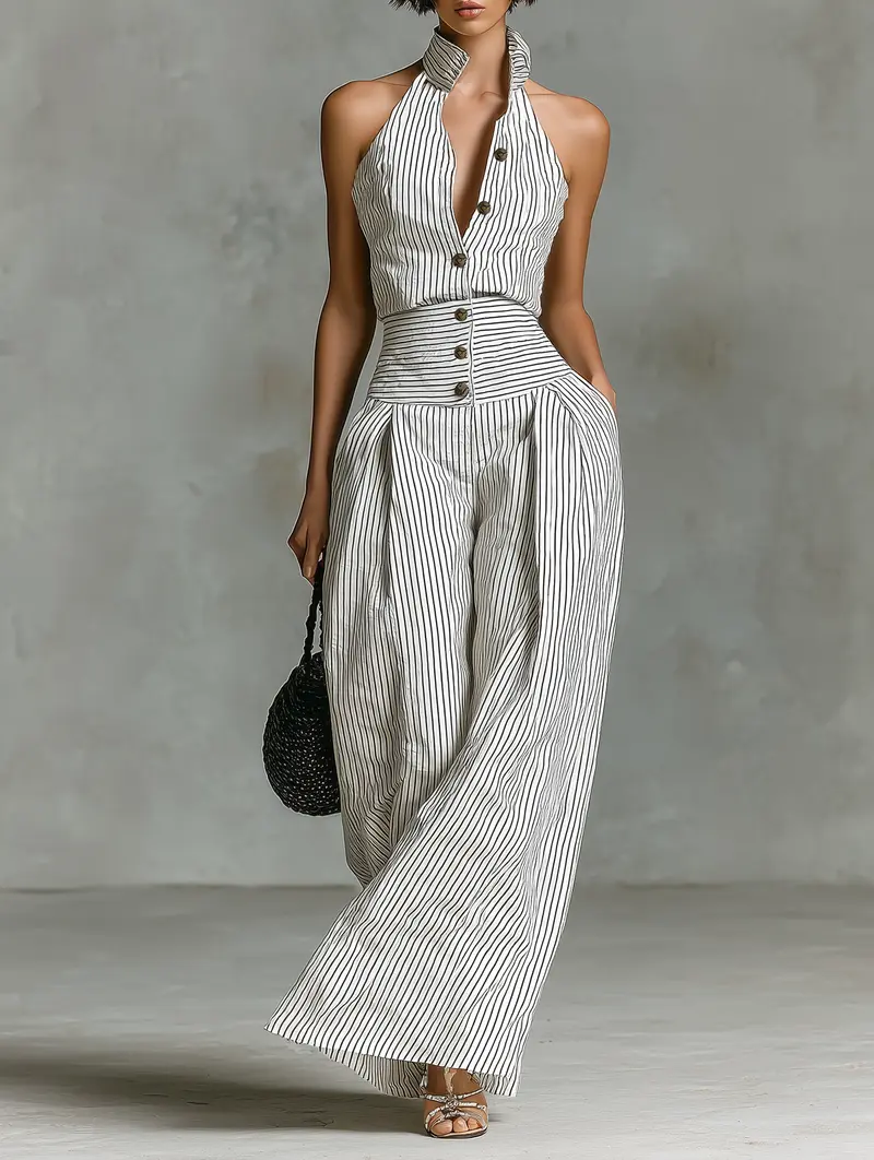 Kaiya™ | Striped Linen Single-Breasted Jumpsuit