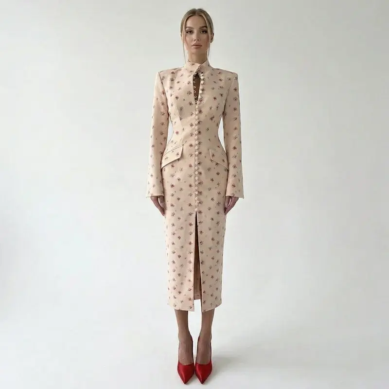 Kaja | Sukienka damska midi | Kwiatowa ze stójką, elegancka na wesele
