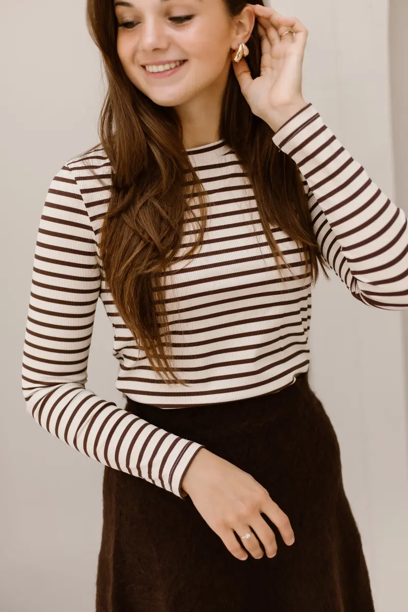 Karlijn Striped Tee Beige Brown