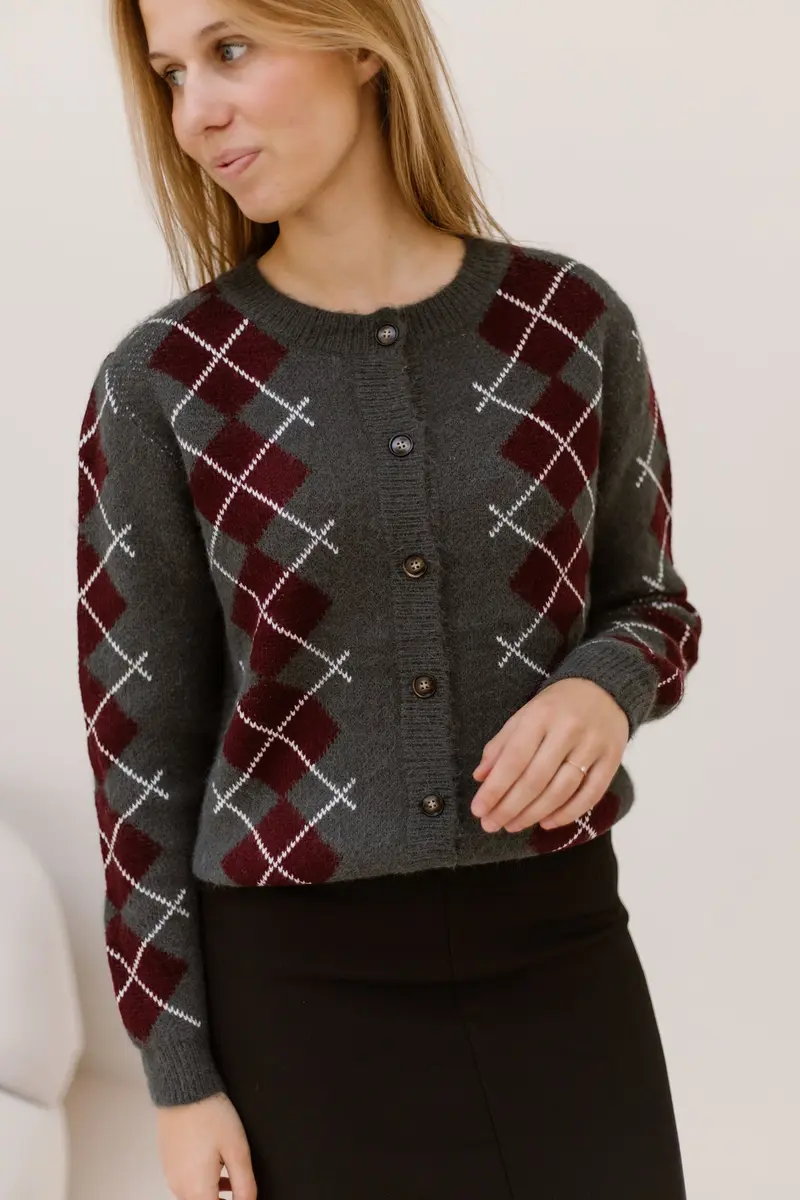 Kirsten Geruit Vest Grijs-Bordeaux