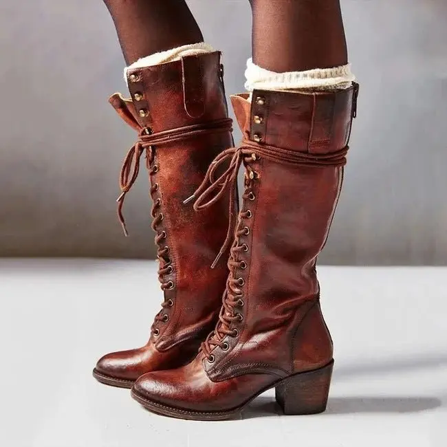 Knee High Boots Women Adjustable Lace Up Knee Length Closure Design