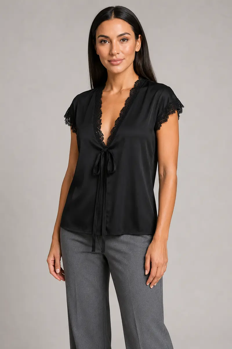 Lace-Trim Tie-Front Blouse