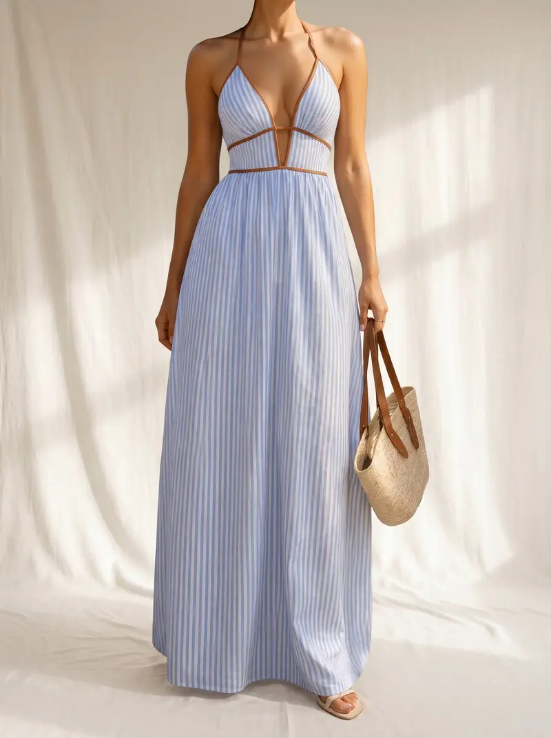 Laurina | Langes gestreiftes Kleid mit Cut-out-Ausschnitt