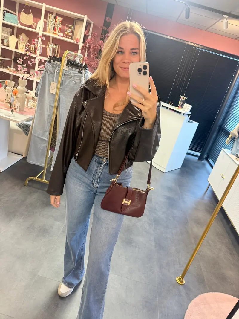 Leather look jas bruin