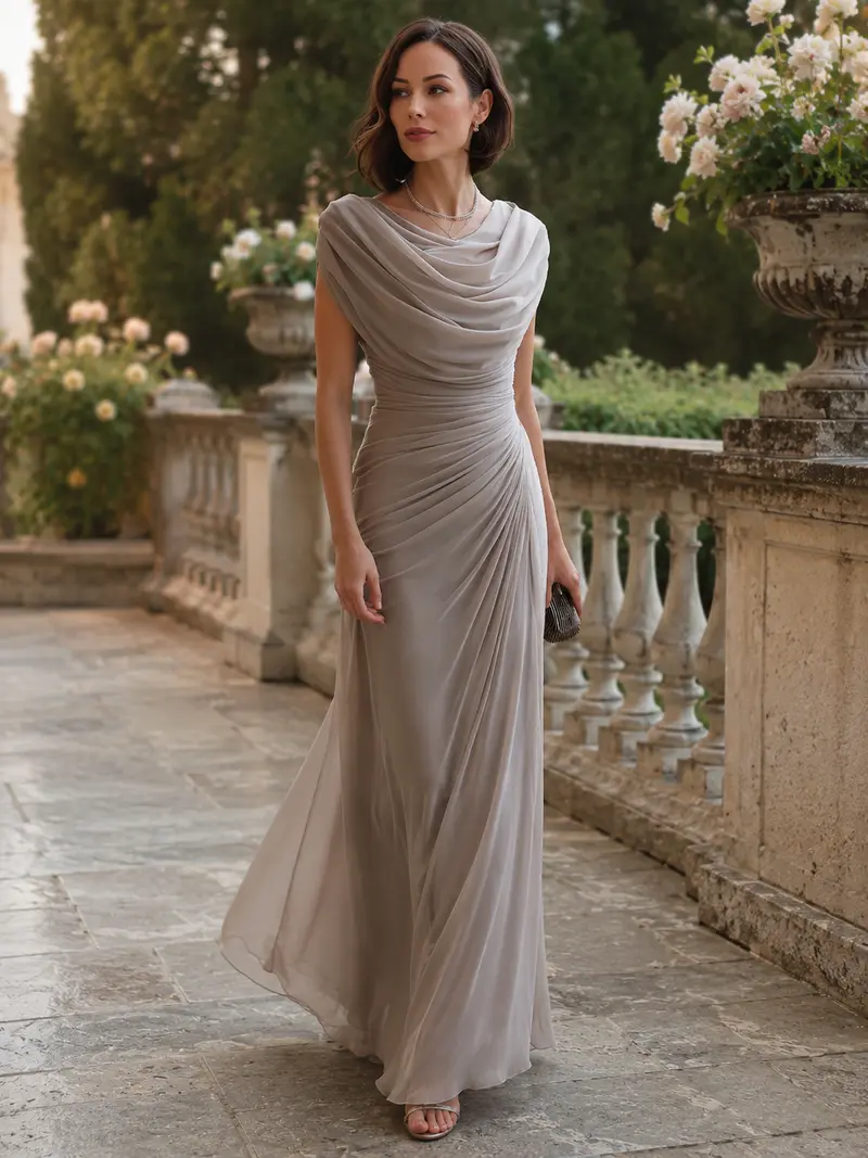 LENIYA | Maxikleid mit drapiertem Wasserfallausschnitt