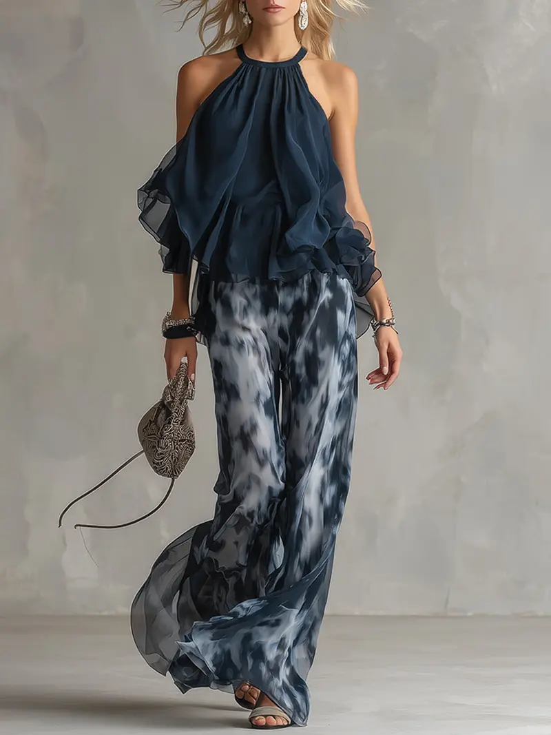 Ludovica™ | elegant in chiffon with a high-neck top and wide printed trousers