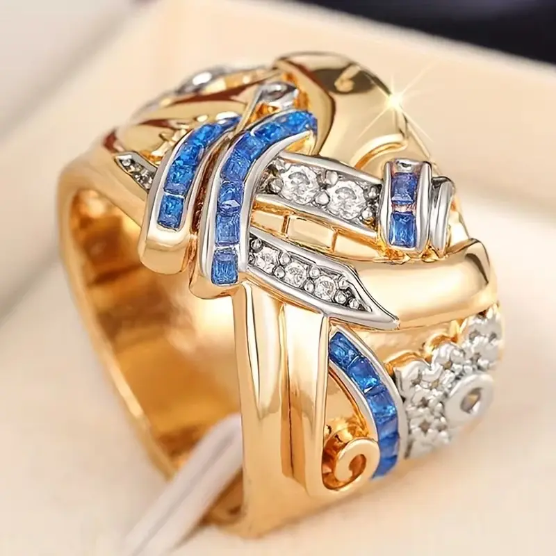Luxury Middle Eastern Style Wide Flower Ring with Blue Zirconia