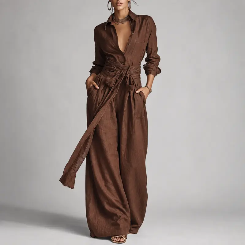 Maia™ | Woven Cotton-Linen Collar Shirt Jumpsuit with Belt