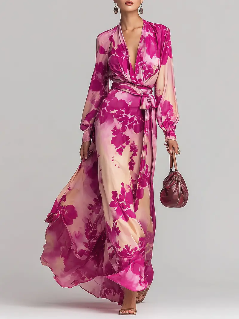 Mariselle™ | Floral V-neck Belted Maxi Dress