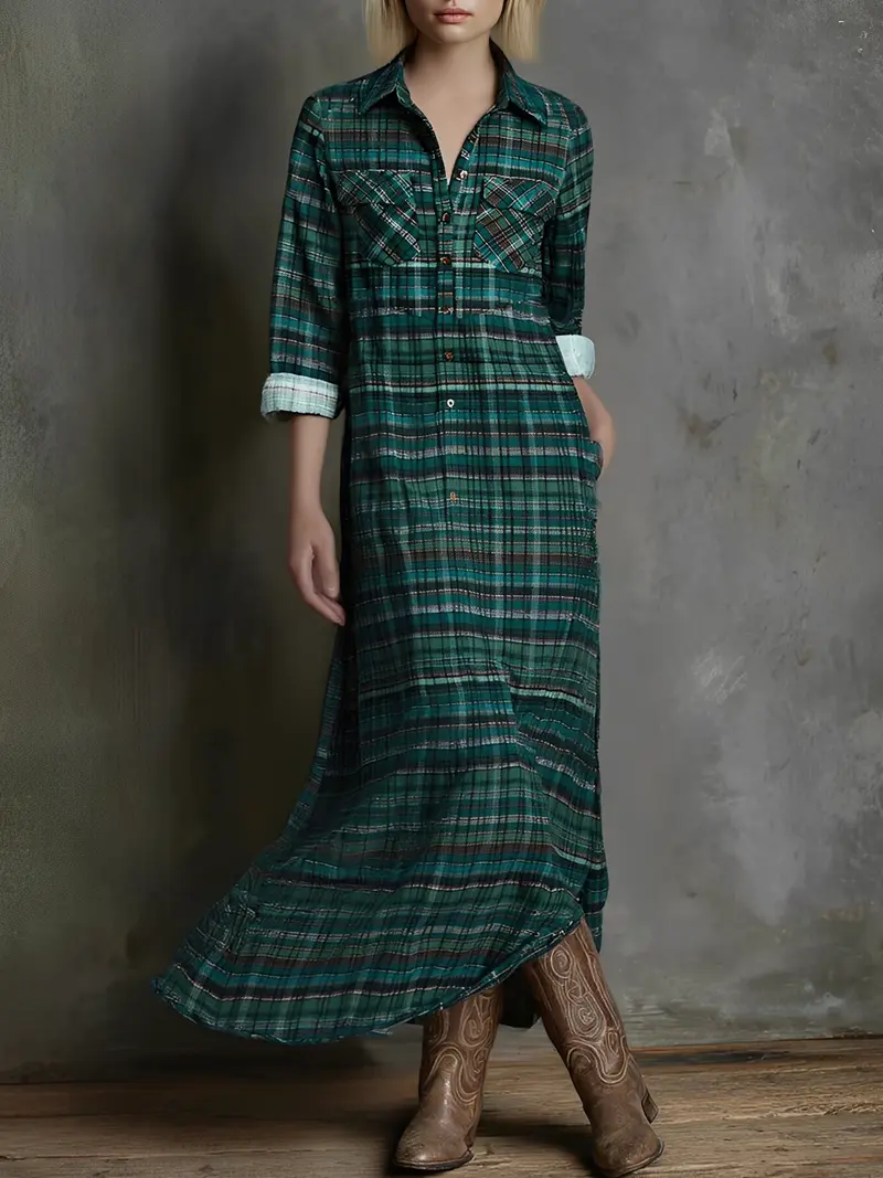 Marivelle™ | Plaid Print Long-sleeved Shirt Maxi Dress
