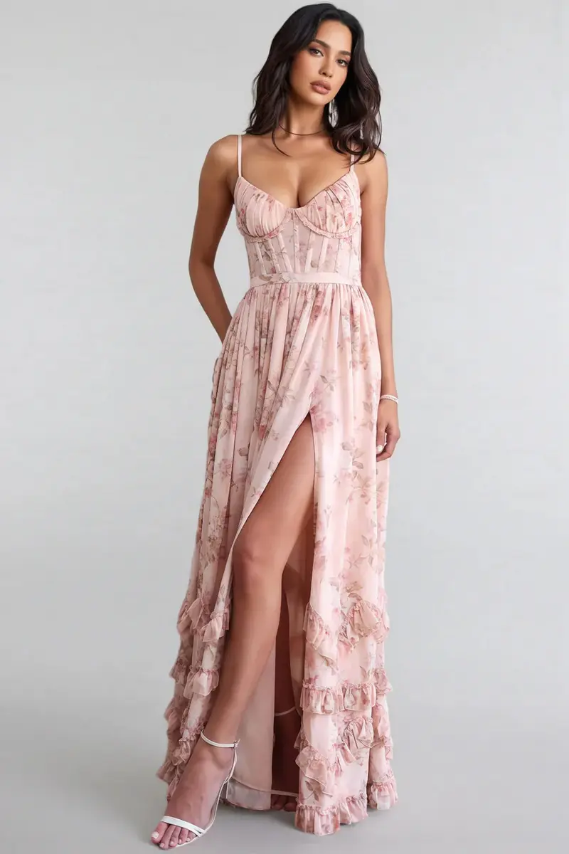 Maxikleid mit Spaghettiträgern und gerafftem Saum