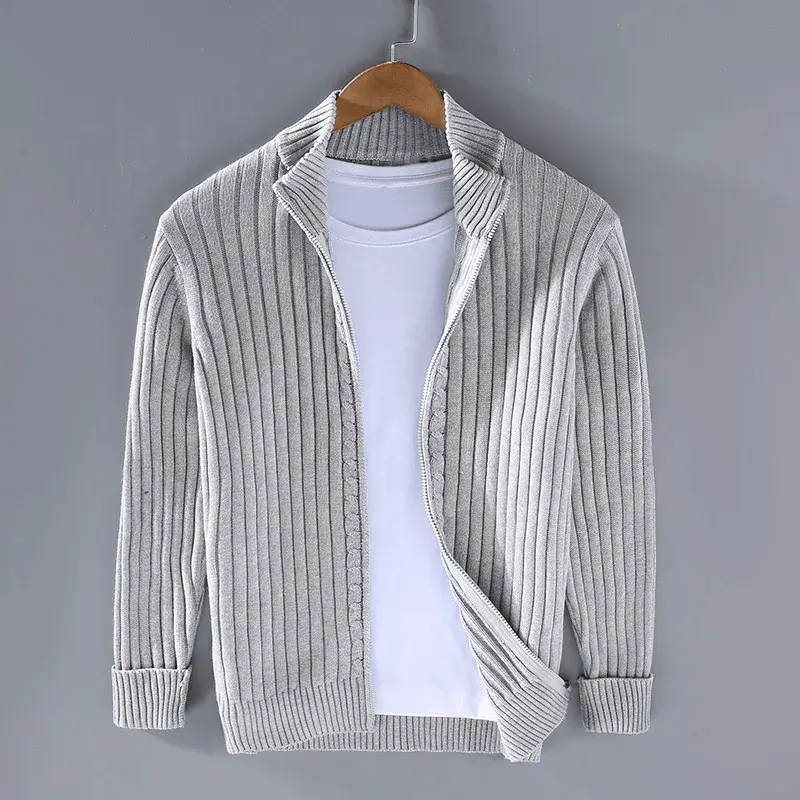 Men Cardigan | Full-Zip Relaxed Fit with Stand Collar