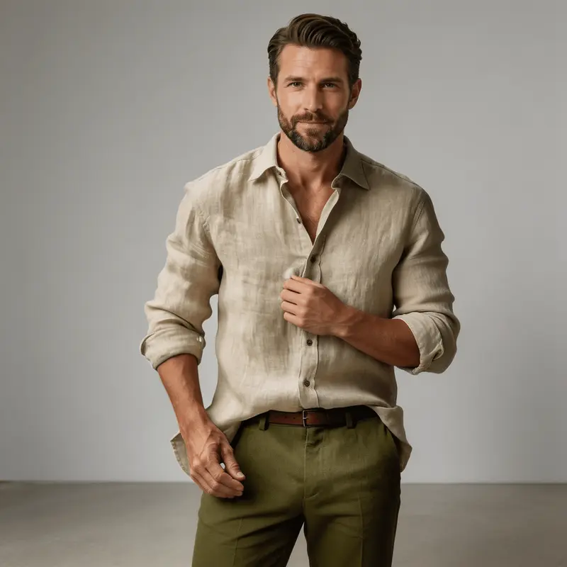 Men Shirt Long Sleeve Relaxed Fit Button Closure