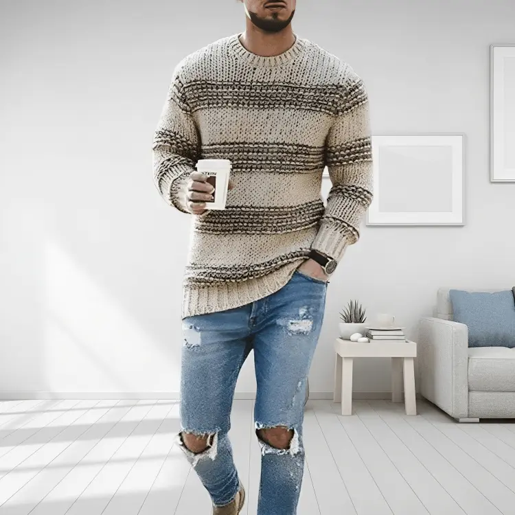 Men Sweatshirt | Striped Cable Knit with Ribbed Crew Neck