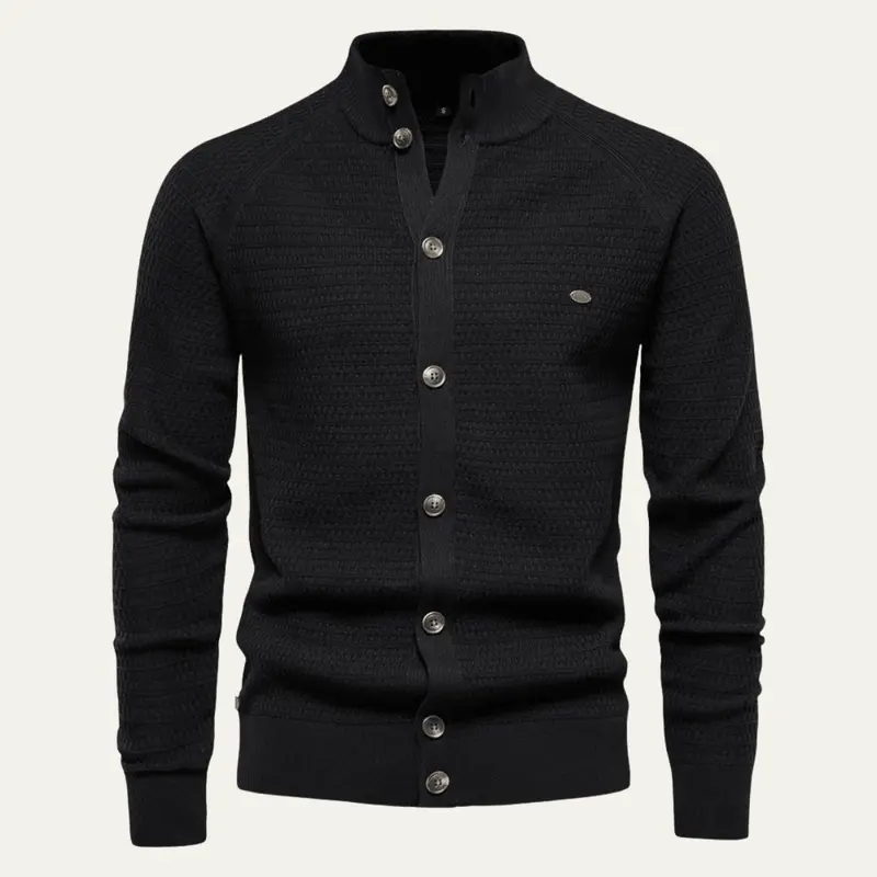 Men's Cardigan — Mock Neck Button Closure Textured Knit Regular Fit