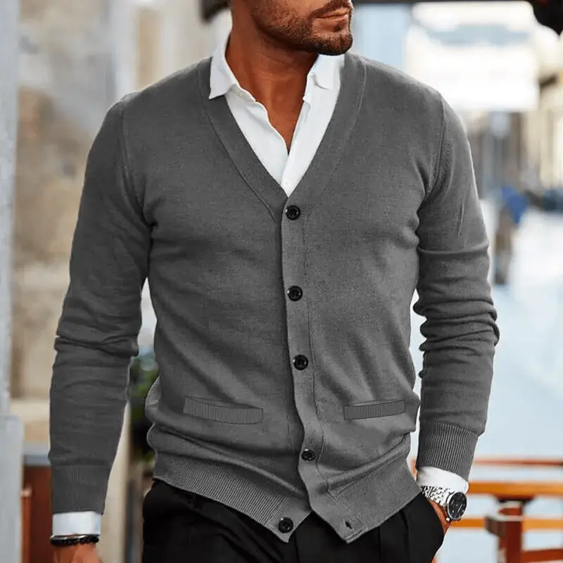 Men's Cardigan — V-Neck Button Front Slim Fit Ribbed Knit Design
