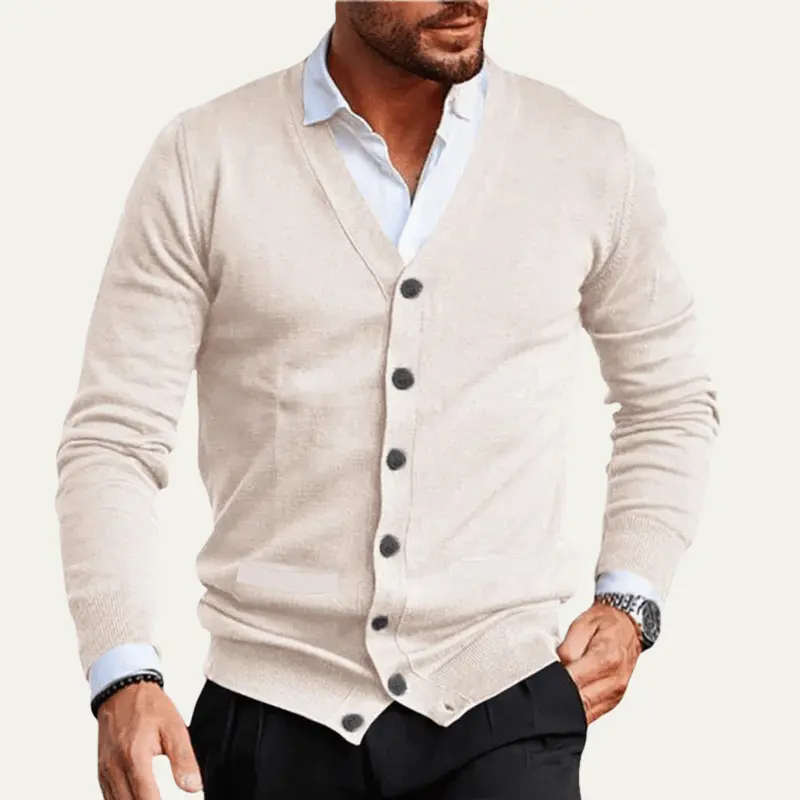 Men's Cardigan — V-Neck Slim Fit Button Front Ribbed Knit Design