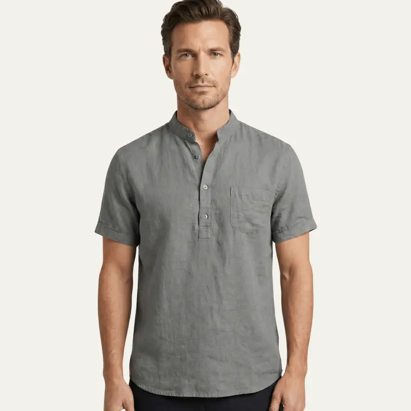 Men's Linen Shirt - Relaxed Fit Short Sleeve Henley Neck