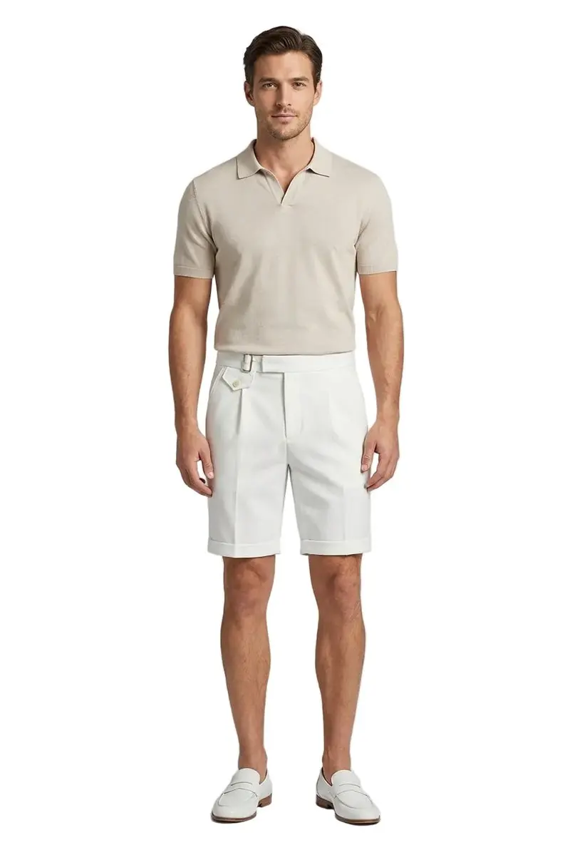 Men's Linen Shorts - Front Pleats Turn-Up Hem Side Buckle Closure