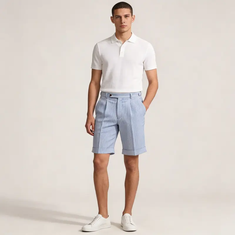 Men's Linen Shorts - High Waist Front Pleats Button Closure