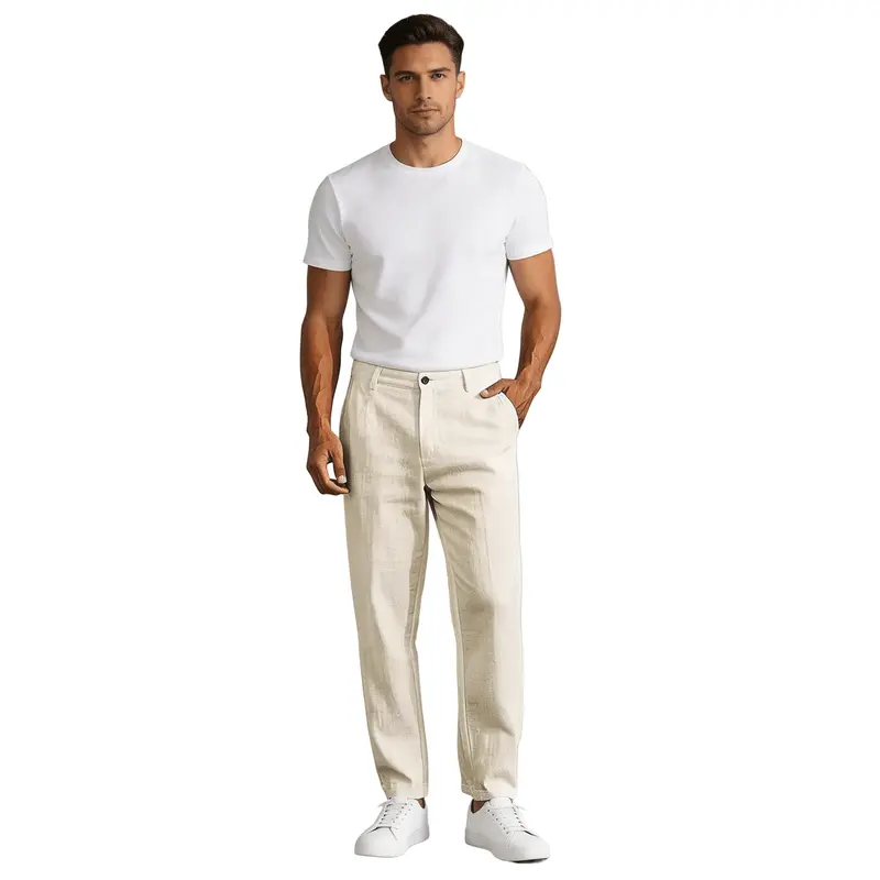 Men's Linen Trousers - Relaxed Fit Straight Leg Button & Zip Closure