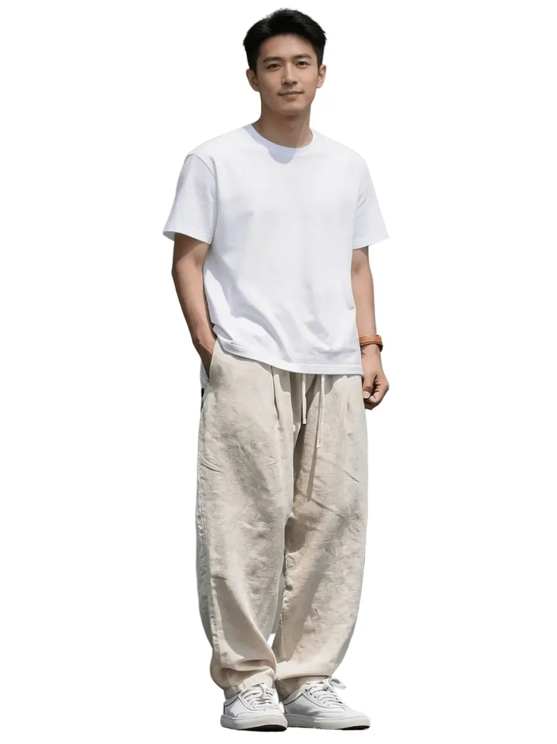 Men's Linen Trousers - Wide Leg Full Length Elastic Drawstring Waist
