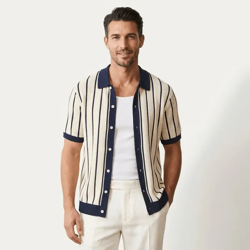 Men's Polo Shirt — Collared Knit Style Full Button Closure