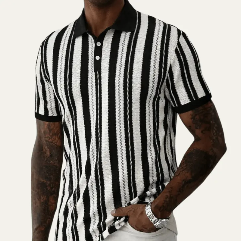 Men's Polo Shirt — Striped Knit Short Sleeve Collar Design